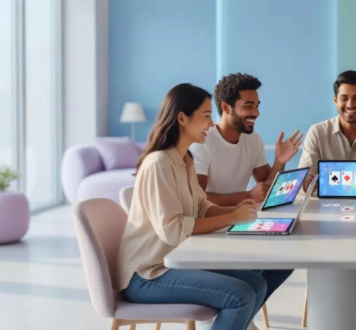 Friends enjoying a relaxed digital card experience on tablets and laptops